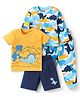 Babyhug Cotton Knit Full & Half Sleeves Night Suits With Dino Print - Yellow Navy & Light Blue