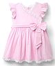 Babyoye Poplin Woven Frill Sleeves Frock With Lace Detailing & Bow Applique - Pink