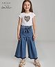 Arias Cotton Knit Half Sleeves Stretch Top & Flared Culotte Pant Set With Heart Patch - White & Blue