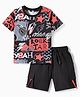OLLINGTON ST. Cotton Half Sleeves Knit Text Printed T-Shirt & Woven Shorts Set - Multicolor & Black