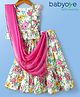 Babyoye Woven Frill Sleeves  Choli Lehenga Set & Dupatta with Floral Print - Pink & White