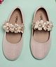 Toothless Floral Applique Detailed & Rhinestones Embellished With Velcro Closure Ballerinas - Peach