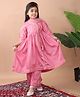 Kinder Kids Cotton Three Fourth Sleeves Abstract Embroidered & Lace Embellished Angrakha Kurta & Pant With Dupatta Set - Pink