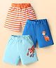 Doodle Poodle 100% Cotton Knit Knee Length Shorts With Stripes & Animal Printed Pack Of 3 - Orange Blue & Light Blue
