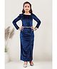 Lei-Chie Velvet Full Sleeves Floral Applique Detailed Sequins Embellished Gown With Belt - Blue