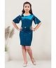 Lei-Chie Velvet Half Sleeves Floral Applique Stone Embellished Dress - Blue