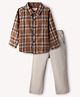Babyhug Cotton Woven Full Sleeves Checkered Shirt & Trouser Set - Brown & Beige