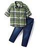 Babyhug Cotton Woven Full Sleeves Checkered Shirt & Denim Jeans - Olive Green & Blue