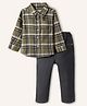 Babyhug Cotton Woven Full Sleeves Checkered Shirt  & Denim Jeans Set - Olive Green & Black
