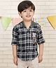 Polka Tots Full Sleeves Checked Teddy Patch Detailed Hooded Shirt - Navy Blue
