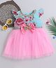 Many frocks & Georgette Cap Sleeves Floral Printed Bow Applique Detailed Lace & Sequins Embellished Dress - Blue & Pink