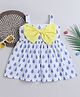 Many frocks & Cotton Blend Sleeveless Drops Printed Bow Applique Detailed Dress - White & Blue