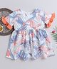 Many frocks & Cotton Half Frill Sleeves Tropical Theme Printed Dress - White & Blue