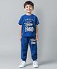 Trampoline Cotton Blend Half Sleeves Classic Text Printed Tee With Coordinating Track Pants Set - Blue