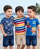Babyhug Cotton Knit Half Sleeves T-Shirts With Stripes & Animal Print Pack Of 3 - Blue & Yellow