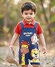 Babyhug Single Jersey Knit Half Sleeves Polo T-Shirt & Dungaree With Animal Print - Red & Blue