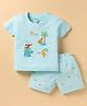 Tango Single Jersey Knit Half Sleeves T-Shirt & Shorts Set with Beach Theme Print - Aqua Blue
