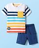 Babyhug Single Jersey Knit Half Sleeves Striped T-Shirt & Shorts Set With Animal Patch & Pocket Detailing - White & Blue