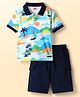 Babyhug Single Jersey Knit Half Sleeves Polo T-Shirt & Shorts With Beach Theme Print - Navy Blue