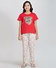 Taatoom Cotton Jersey Knit Half Sleeves Nap Time Is My Happy Hour Text & Floral Printed Tee Pajama Set - Red