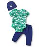 Doodle Poodle Interlock Knit Half Sleeves Dino Printed Onesie With Diaper Legging & Cap - Green & Navy Blue