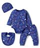 Doodle Poodle Interlock Cotton Knit Full Sleeves Onesie With Diaper Leggings Cap & Bib with Space Theme Print - Navy Blue
