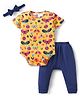 Doodle Poodle Interlock knit Half Sleeves Floral & Insect Printed Onesie With Diaper Leggings & Hairband - Yellow & Navy Blue