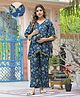 Aujjessa Cotton Batwing Sleeves Floral Printed & Lace Embellished Maternity Feeding Night Suit with Concealed Zipper Nursing Access - Indigo