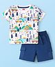 Babyhug Single Jersey Knit Half Sleeves Camping Printed T-Shirt & Shorts Set - White & Blue