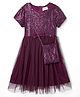 Kookie Kids Woven Half Sleeves Party Dress With Sequin Detailing Bow Applique & Sling Bag - Wine