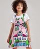 OLLINGTON ST. Cotton Half Sleeves Inner Top & Twill Lycra Printed Pinafore - White & Pink