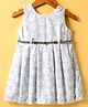 Enfance Core Half Sleeves Abstract Printed Pleated Dress With Belt - Grey