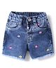 Babyhug Mid Thigh Washed Denim Shorts With Stretch & Floral Embroidery - Blue