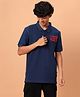TeenTrums 100% Cotton Half Sleeves Retro Text Embroidered Polo Tee - Navy Blue