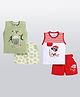 CUTOPIES Pack Of 2 Cotton Half Sleeves Popcorn & Cartoon Printed Coordinating Tees & Shorts Set - Olive Green & Red