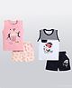 CUTOPIES Pack Of 2 Cotton Half Sleeves Popcorn & Cartoon Printed Tees With Shorts Set - Rose & Navy Blue
