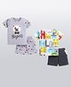 CUTOPIES Pack Of 2 Cotton Half Sleeves Bear & Alphabets Printed Coordinating Tees & Shorts Set - Grey & White