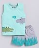 CUTOPIES Cotton Sleeveless Animals Printed Tee & Shorts Set - Aqua Blue