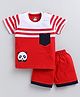 CUTOPIES Cotton Half Sleeves Panda Printed Striped Tee & Shorts Set - Red