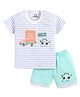 CUTOPIES Cotton Half Sleeves Striped & Vehicles Printed Coordinating Tee & Shorts Set - Aqua Blue