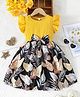 tior Sleeveless Frill Detailed Leaves Printed Bow Applique Dress - Yellow
