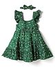 Babyhug Cotton Woven Frill Sleeves Floral Printed Frock With Bow Applique & Headband - Dark Green