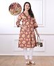 Bella Mama Woven Three Fourth Sleeves Embroidered Yoke & Floral Printed Maternity Kurta - Coral