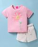Wingsfield Cotton Half Sleeves Floral Printed Tee With Shorts Set - Pink