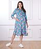 Bella Mama Woven   Three Fourth Sleeve Maternity Shirt Dress With Floral Print - Blue