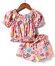 Wingsfield Half Puffed Sleeves Hearts Printed Top With Coordinating Shorts Set - Pink
