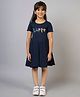 ZIP ZAP ZOOP Cotton Half Sleeves Happy Text Embroidered Dress - Navy Blue
