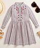 ZIP ZAP ZOOP Cotton Full Sleeves Striped Floral Embroidered Dress - Grey