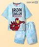 Pine Kids Marvel Single Jersey Knit Half Drop Shoulder Sleeves T-Shirt & Shorts Set With Avengers Graphics Tie & Dye Print & Badge Detailing - Light Blue