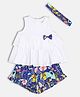 MINI KLUB Cotton Sleeveless Bow Applique Layered Top With Animal Printed Shorts & Headband Set - Multi Colour
